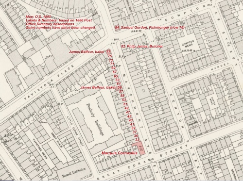 Map of Marchmont Street 1895, with locations of shops in 1880