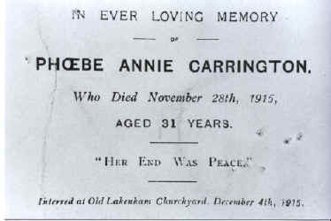 Funeral card for Phoebe Carrington