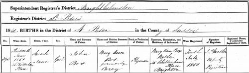 Birth certificate of Sarah Jane Box